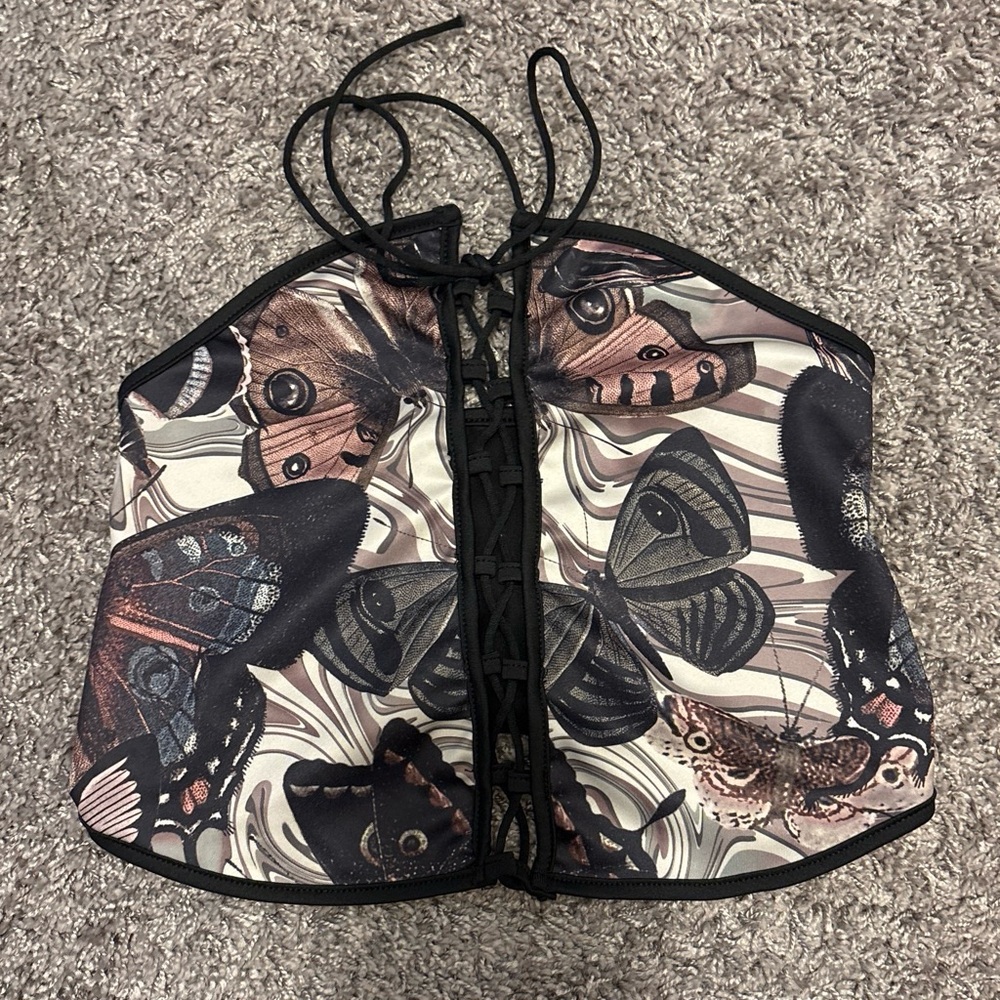 Strapless Top with Butterfly Print - Black & Cream